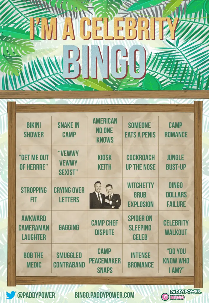 I'm A Celebrity Get Me Out Of Here Bingo Card Printable 10 I'm A Celeb Bingo Card