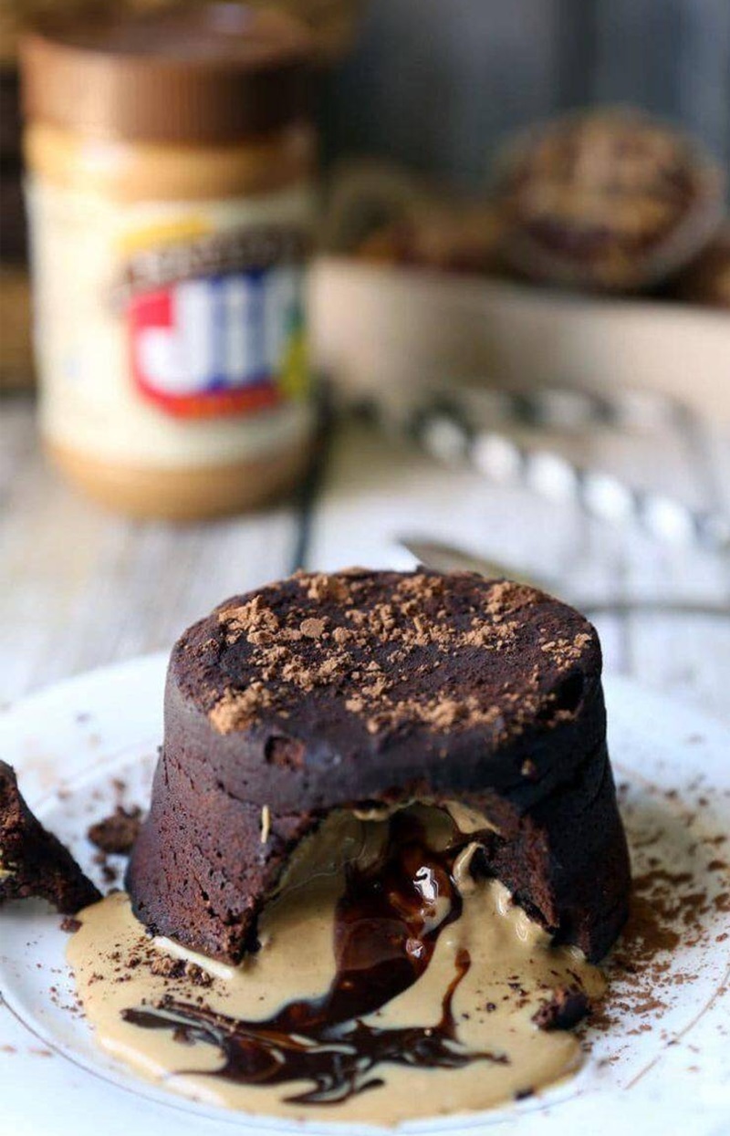 peanut butter and chocolate pouring out of a lava cake