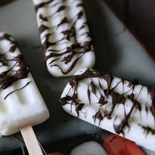 Creamy Coconut Fruit Bars with Chocolate Drizzle 15 creamy cocoanut outshine bars on plate with chocolate drizzled on top.