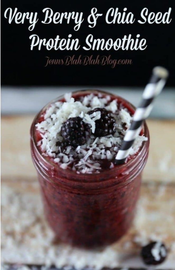 Easy Summer Recipes Roundup: Beat The Heat 16 Simple Recipes 22 Very Berry and Chia Seed Protein Smoothie in a mason jar topped with shredded coconut and fresh blackberries.