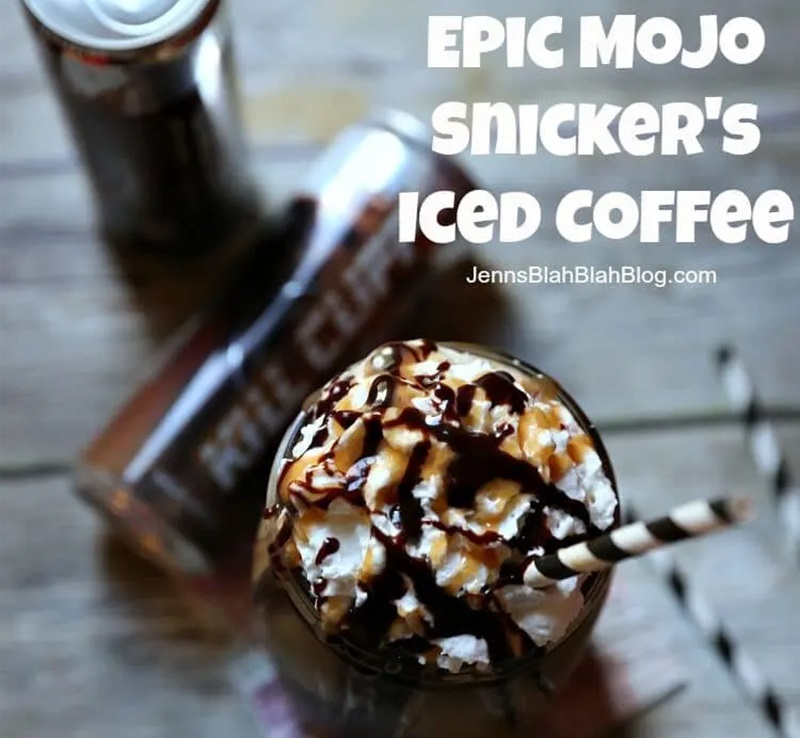 Easy Summer Recipes Roundup: Beat The Heat 16 Simple Recipes 21 snicker iced coffee in mason jar topped with whipped cream, chocolate and caramel drizzle and a black and white straw.
