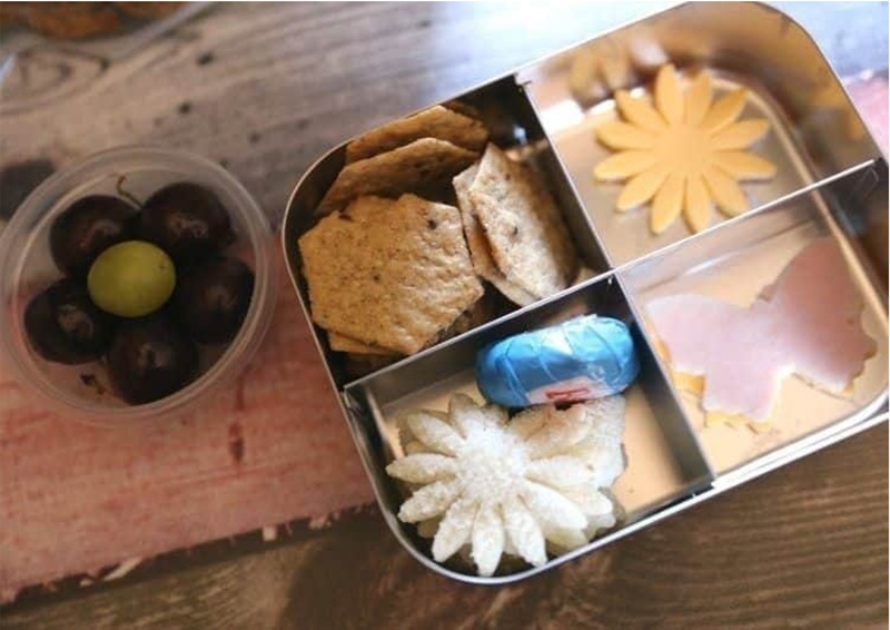 flower and butterfly shaped sandwich in lunchbox with baby bell cheese