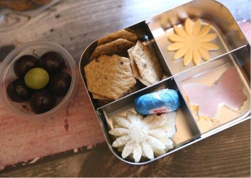 flower and butterfly shaped sandwich in lunchbox with baby bell cheese