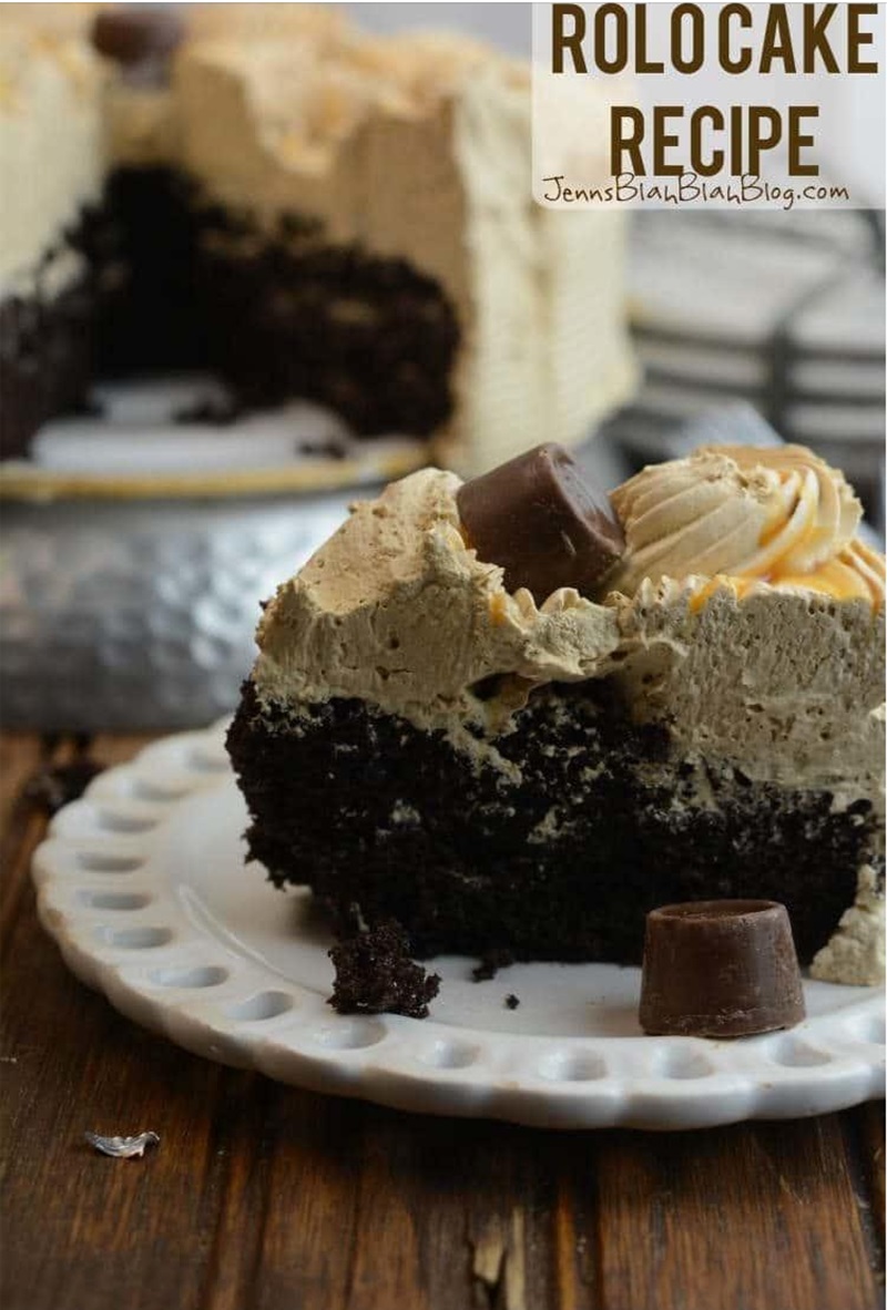 slice of rolo cake sitting on a white plate