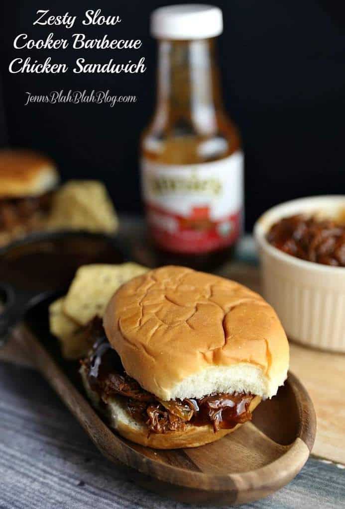 Zesty Slow Cooker Barbeque Chicken Sandwiches 14 bbq sandwich bottle of Annies BBQ Sauce background