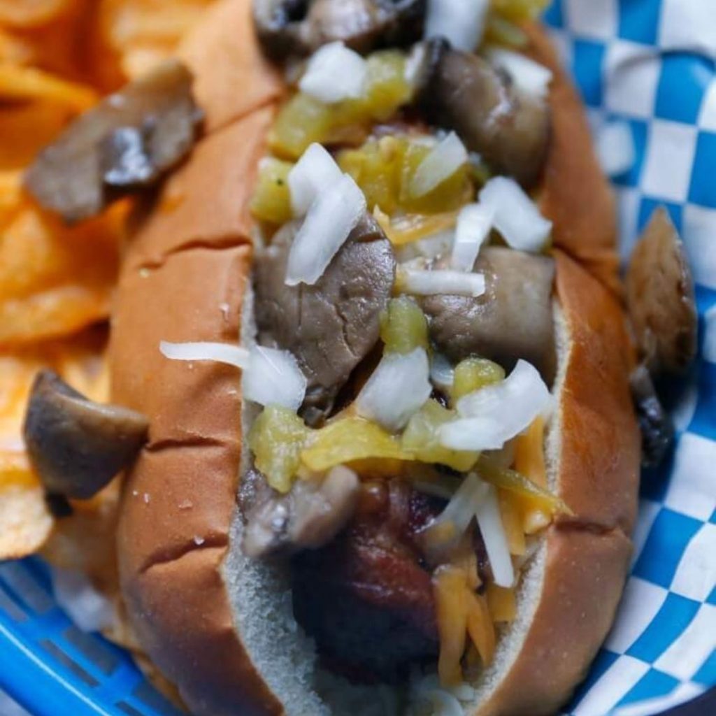 Green Chili & Mushroom Bacon Burger Dog