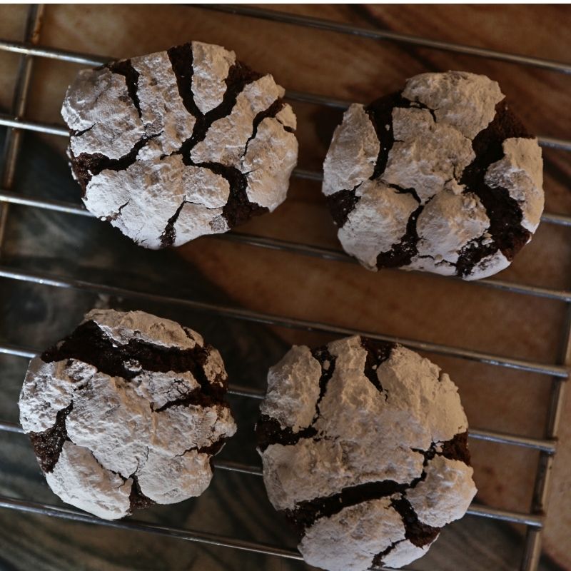 Five Ingredient Fudgy Brownie Crinkle Cookies on cooling rack | Half Baked Media