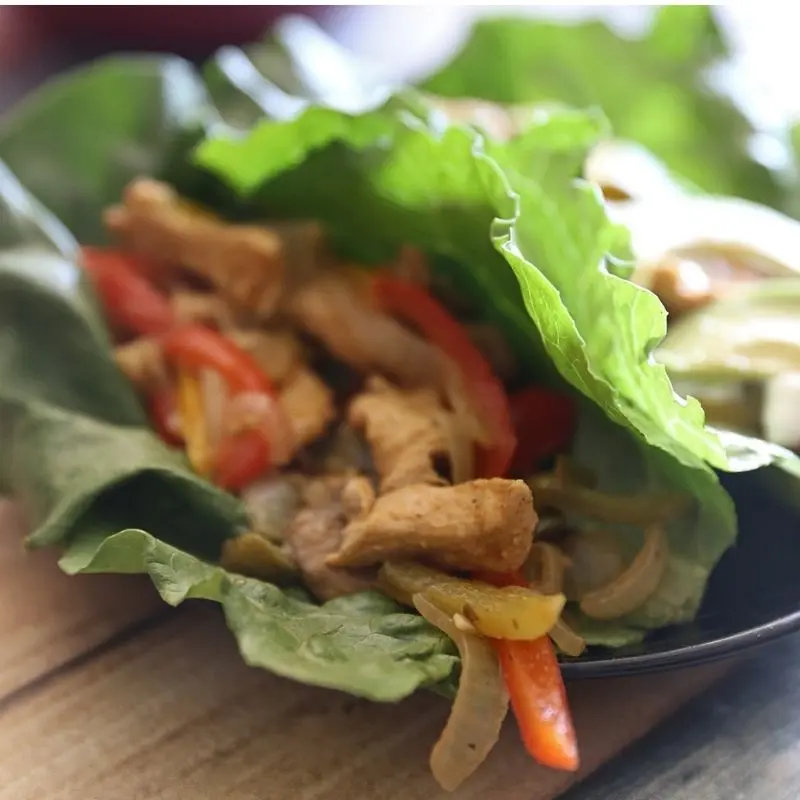 Delicious One Pan Chicken Fajita-ish Wraps: Beat The Diet Tax 16 Low-calorie high-protein chicken fajita lettuce wraps. Half Baked Media