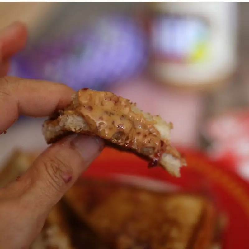 The Ultimate Grilled Peanut Butter and Jelly Sandwich Recipe 18 A close-up of Jenn holding a small, triangular piece of a grilled peanut butter and jelly sandwich. The image highlights the crispy, golden-brown crust and the warm, melted Jif peanut butter and Smucker's grape jelly filling as it pulls apart.