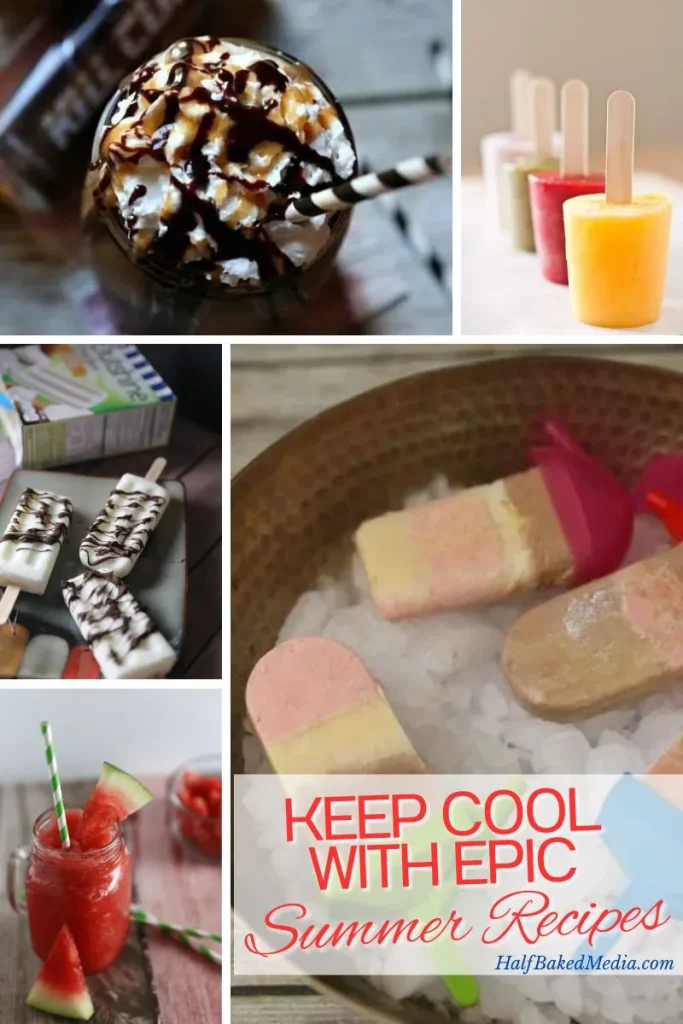 Easy Summer Recipes Roundup: Beat The Heat 16 Simple Recipes 10 Collage of refreshing summer treats with text overlay saying beat the heat summer recipes featuring chocolate drizzled coconut fruit bar, watermelon slushing, banana split popsicles, and a chocolate dipped ice cream sandwich.